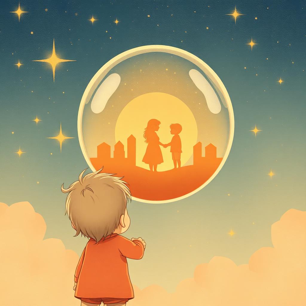 Ilustración de un niño mirando una bola de cristal con su yo futuro