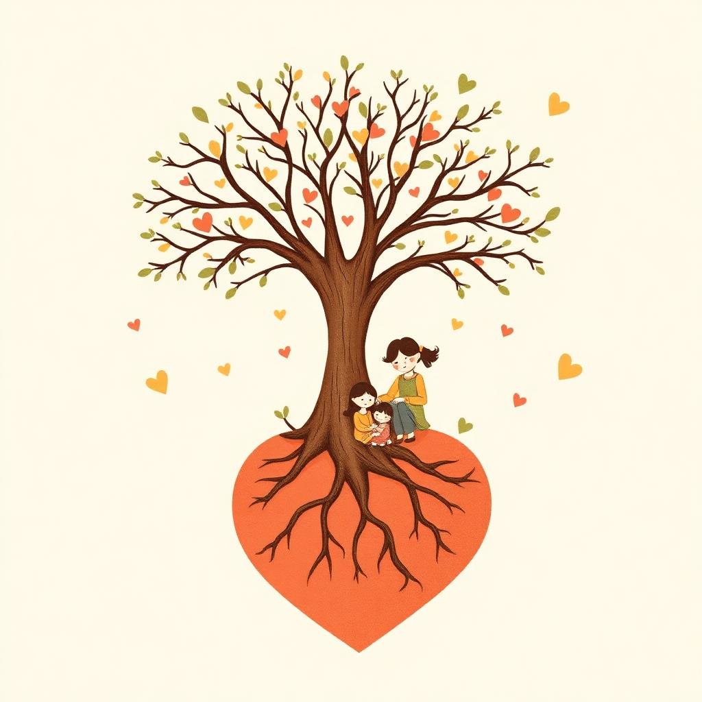 Ilustración del árbol de la crianza con raíces en forma de corazón